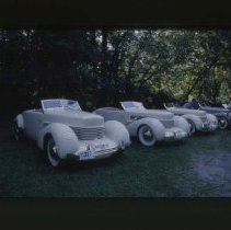 Line of four Cord 810 - 812 convertible Coupes in a forest