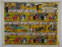 Silk screen printed with a design depicting the activities of the pupils at Rewi Alley's Sandan School in China, and a cavalry design from the Tunghuan Caves.