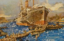 The landing of British troops from converted steamer River Clyde at 'V' Beach, Cape Helles, Gallipoli, April 25 1915.