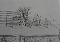Workmen erecting a roof on rammed earth Museum building