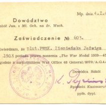 Jadwiga Ziemianska's certificate for War Medal 1939-1945