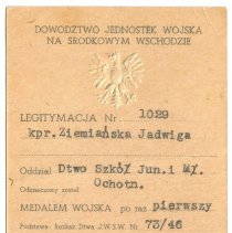 Jadwiga Ziemianska's Certificate Army Medal