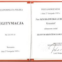 Krzysztof Lubicz-Szydlowski's Gold Cross of Merit medal certificate