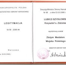Krzysztof Lubicz-Szydlowski's Gold Army Medal certificate.