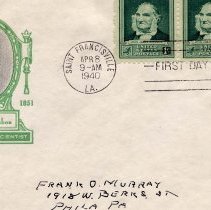 Cachet - first day issue of 1-cent stamp - Lithograph portrait of John J. Audubon and 3 US 1-cent postage stamps