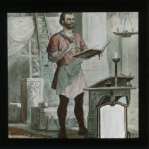 Workman Writing in Book Lantern Slide