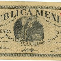 Republica Mexicana Monterrey 5 pesos note 1914