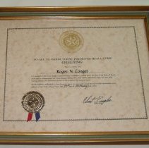 Roger Conger Commemorative Commission certificate 1972