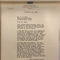 Letter to F. C. Hall from J. Griswold Webb, Chairman, State of New York Commission on Aviation