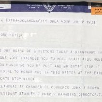 A telegram to F. C. Hall from Stanley Draper, President of Oklahoma City Chamber of Commerce.