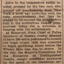 Newspaper Clipping describing the celebratory return of Post and Gatty upon their successful world tour.