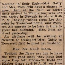 Newspaper Clipping describing the celebratory return of Post and Gatty upon their successful world tour.