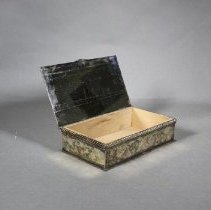 Silver cigarette box, interior lid  3/4 view