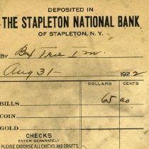 Stapleton National Bank Deposit Slip Aug 31 1922