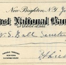 Check from E. Alice Austen to W.S. Ball Secretary - Treasurer July 12 1899