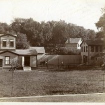 E. Alice Austen, Laboratory, Barn, and Horse man in center, 1900