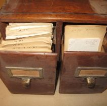 card index in wooden boxes