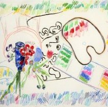 Anemones, Iris, Astor: Palatte with Japanese and Epyptian Masks in Border