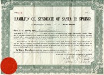 A stock certificate for the Hamilton Oil Syndicate of Santa Fe Springs