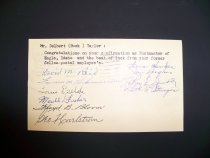 Congratulatory postcard sent to Delbert Taylor, Eagle postmaster