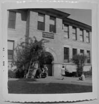 Sue and Linda entering Eagle Grade School