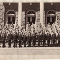 Soliders on steps of Civic Center, WWII.
