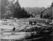 Three men stand on logs at boom after freshet. Big River.