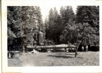 Caspar Lumber Co. Donkey Engine loaded onto a railroad car in countryside.