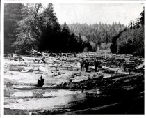 Three men stand on logs at boom after freshet. Big River.