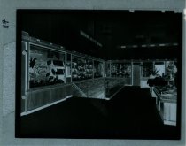 Black and white negative of interior sales area stairs, taken in October 19