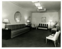 Black and white photograph copy print of interior women's lounge, originall