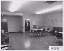 Black and white photograph of break room