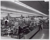 Black and white photograph of sales floor