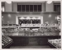 Black and white photograph of candy display