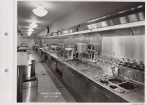 Black and white photograph of kitchen