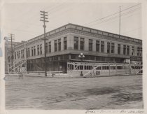 Black and white photograph of corner view of building and construction