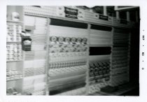 Black and white photograph of interior sales area basement, taken in Octobe