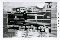 Black and white photograph of interior sales area basement, taken in Octobe