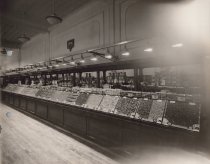 Black and white photograph of candy display