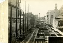Black and white photograph of detail of girders during construction, taken