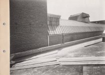 Black and white photograph of rooftop