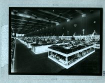 Black and white negative of interior sales area with ceramic animals (photo
