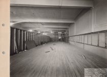Black and white photograph of interior construction