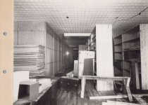 Black and white photograph of interior construction