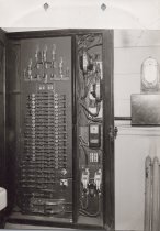 Black and white photograph of breaker box