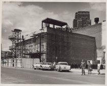 Black and white photograph of Kress construction site while the walls were