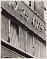 Black and white photograph of Kress store sign from a zoomed in persepctive