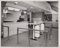 Black and white photograph of Kress diner checkout counter