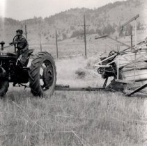 Merle Marks sitting on the tractor and Douglas Marks on the tractor harvest