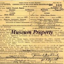 Birth certificate of Lyyli (Violet) Waara